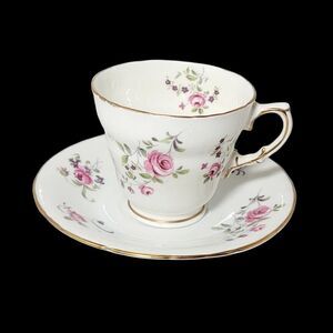 Vtg Sutherland H M Fine Bone China Tea Cup and Saucer Set Pink Roses England